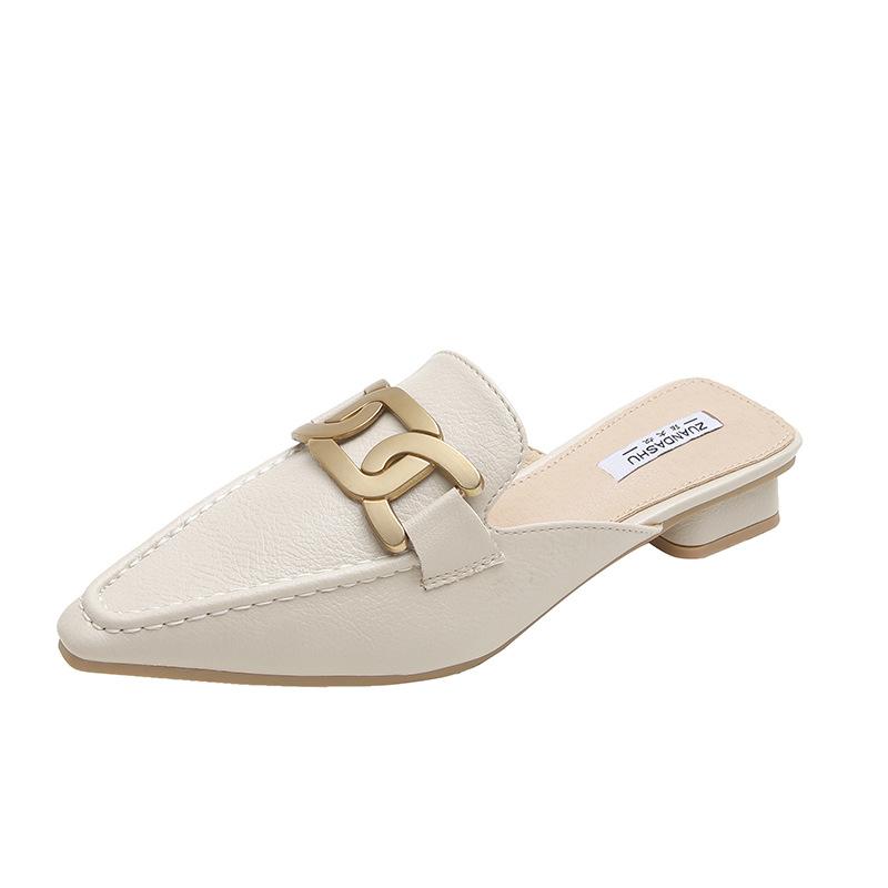 2024 Летняя новая обувь для женщин, модные тапочки, повседневные кожаные сандалии для девочек на каблуках с острым носком, мюли
