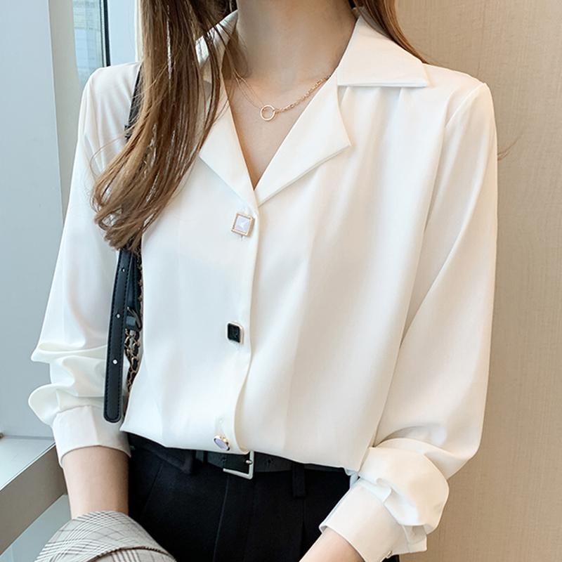 Черно-белая блузка с длинным рукавом, рубашка с воротником, офисная женская рубашка J306