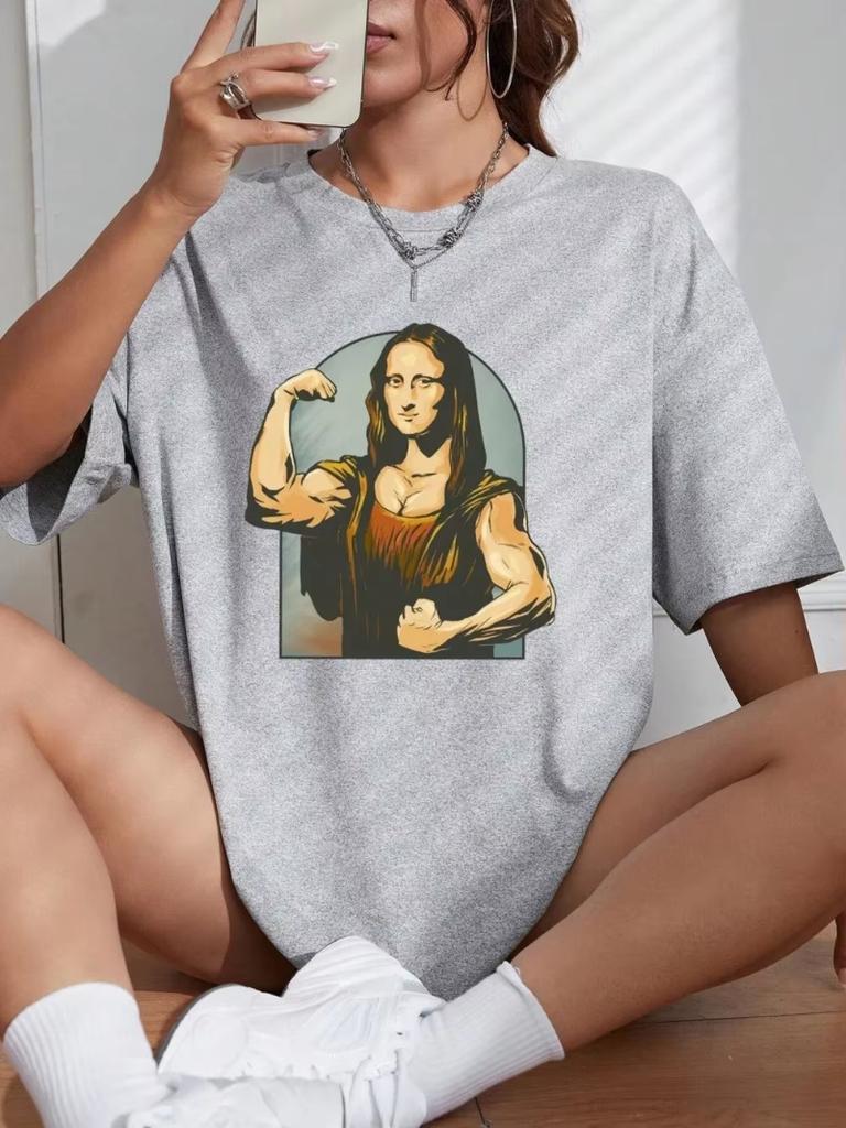 Playing Pranks on Mona Lisa Fitness Print Womens T Shirt Casual TShirt Casual Short Sleeve Loose Tshirt