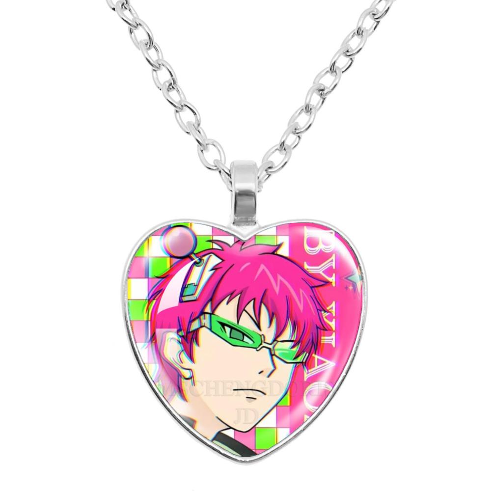 Кулон с персонажами мультфильма Saiki K: Сайки Кусуо, Сайто Шуичи, Терухаши Кокоми. Кулон в форме стеклянного сердца. Украшение-шарм. Подарок.