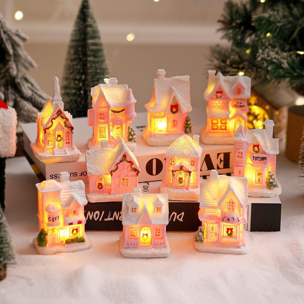 Resin Christmas Glowing Small House Luminous Christmas House Ornament New Year Decoration