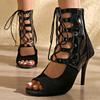 Stiletto Sandals Summer New Round Toe Open Toe Paneled Front Lace-Up Rear Zipper Non-Slip Plus Size Women's Shoes