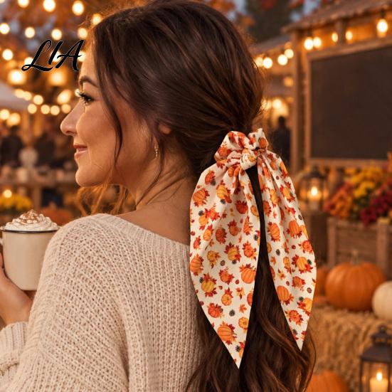 Vintage Pastoral Style Hair Bows Fall Pumpkin Maple Leaf Tie for Women, Bow Knot Ribbon Ponytail Autumn Harvest Ties Holder, Soft Fabric Elastic