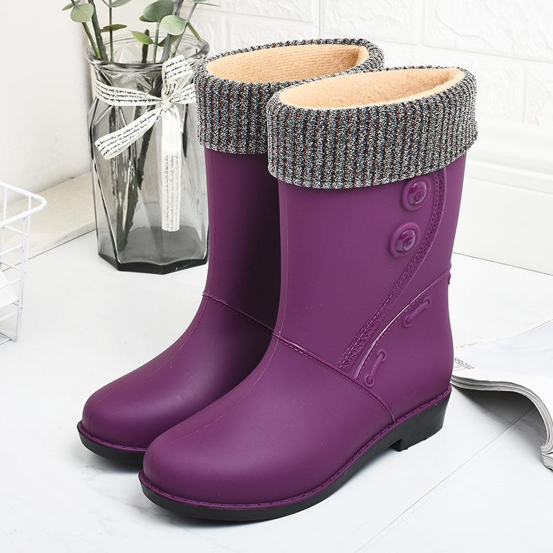Fashion 2024Fashion Plush Rain Shoes for Women Warm High Tube Rainboots Winter Solid Color Low-heel Non-slip PVC Rubber Shoes