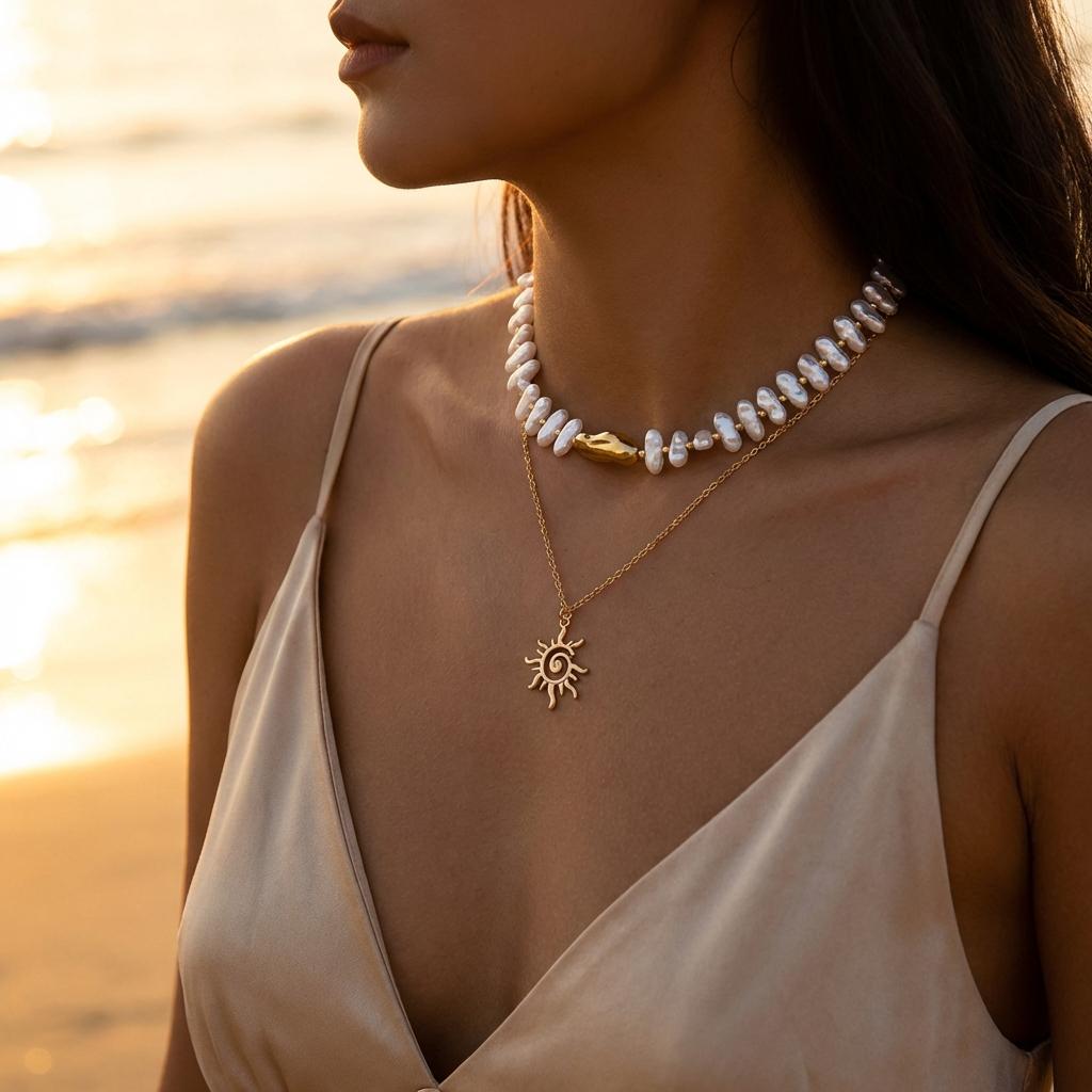 Vintage Double Layer Sun Star Pendant Necklaces for Women Baroque Imitation Pearl Layered Choker Boho Party Friendship Jewelry