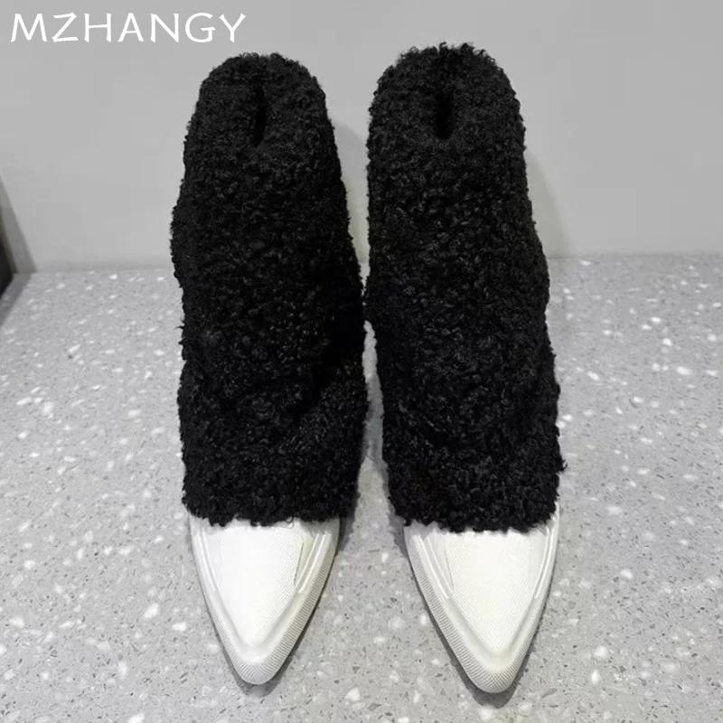 Модные женские ботильоны с острым носком на меху на плоской подошве, дизайнерские плюшевые туфли для женщин, тренд 2025 года, готические ботинки челси, зимние новые женские зимние ботинки