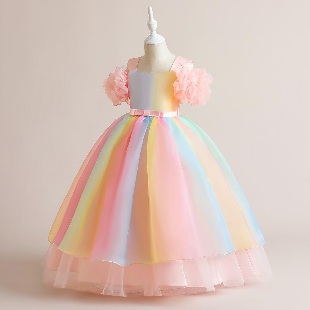 Радужное платье принцессы с открытыми плечами для девочек на свадьбы и особые случаи