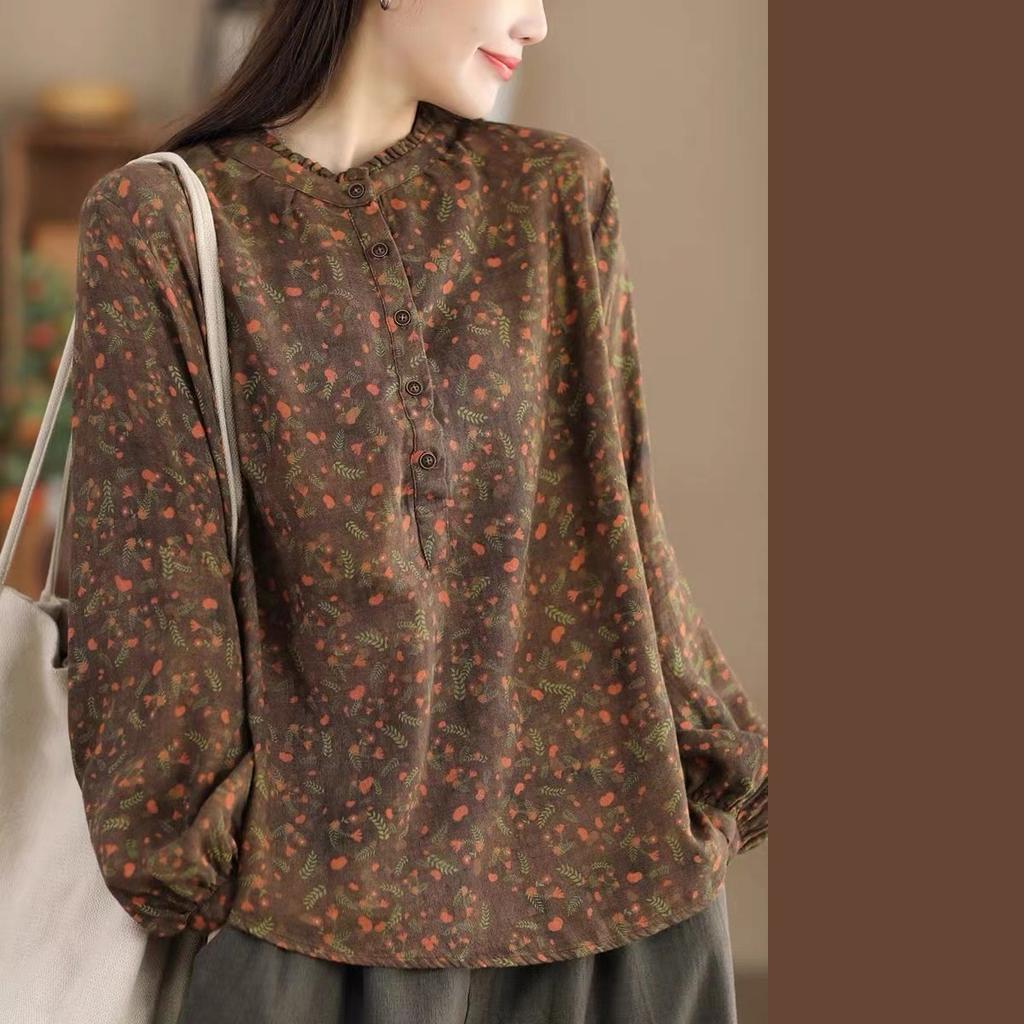 Весенне-осенняя двухслойная хлопковая крашеная пряжа с принтом, женская толстовка с воротником-грибком и цветочным принтом, литературная рубашка с длинными рукавами