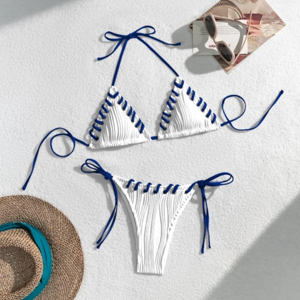 Lace Up Swimwear Set Ruffled Halter Neck Sling Swimsuit Simple Bikini Suit Resort Wear
