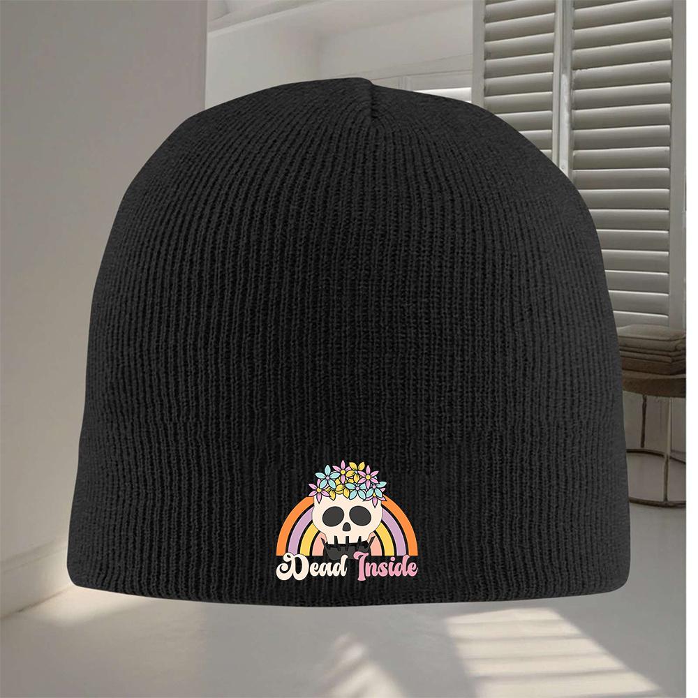 1pc Dead Inside Beanie Hat Gothic Skull Rainbow Floral Day of The Dead Winter Knit Cap Windproof Acrylic Blend Unisex One Size