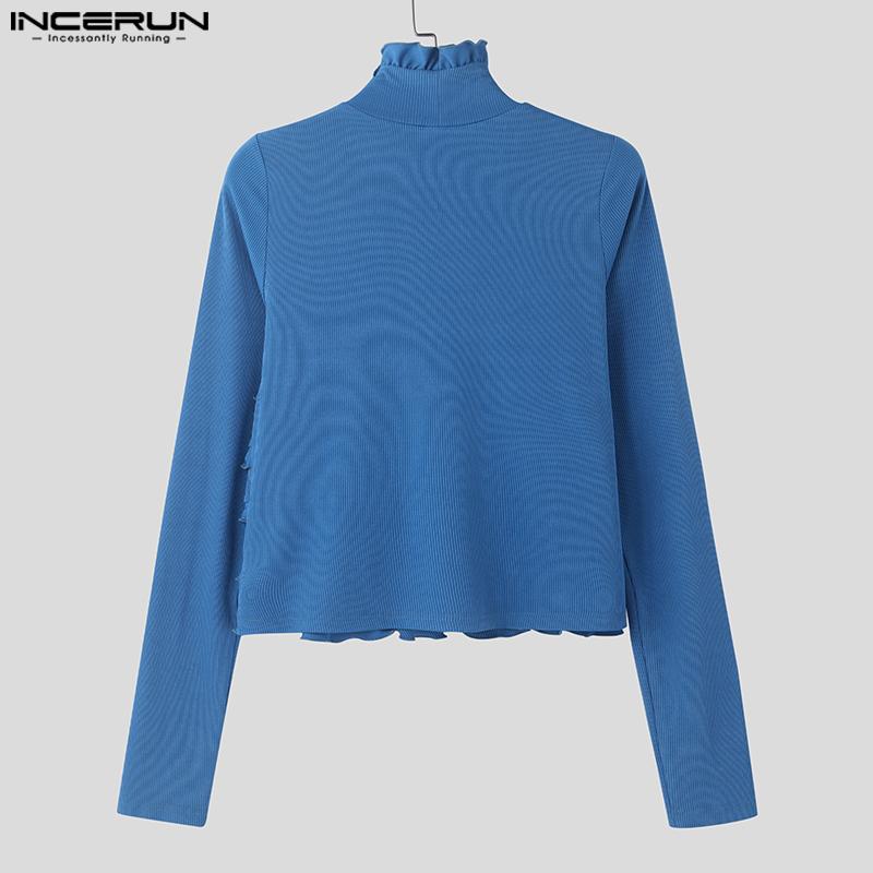 INCERUN Мужские топы с высоким воротом и длинным рукавом, облегающие, с оборками, короткие, майки