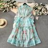 Spring Summer Holiday Flower Print Organza Beach Dress Women's Lantern Sleeve Single Breasted Lace Up A Line Long Maxi Robe