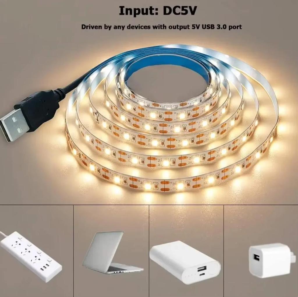Светодиодная лента USB 5 В, белый/теплый белый цвет – гибкая лента SMD 2835, режется и самоклеится для подсветки телевизора, домашнего освещения