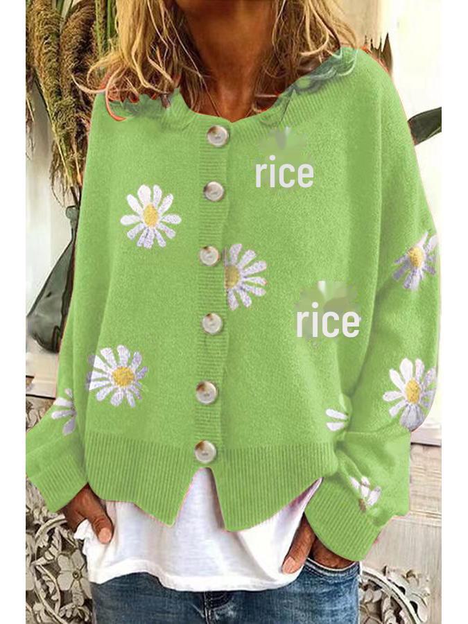 Женский вязаный кардиган с вышитыми хризантемами осень-зима - повседневный, простой, модный, элегантный свитер
