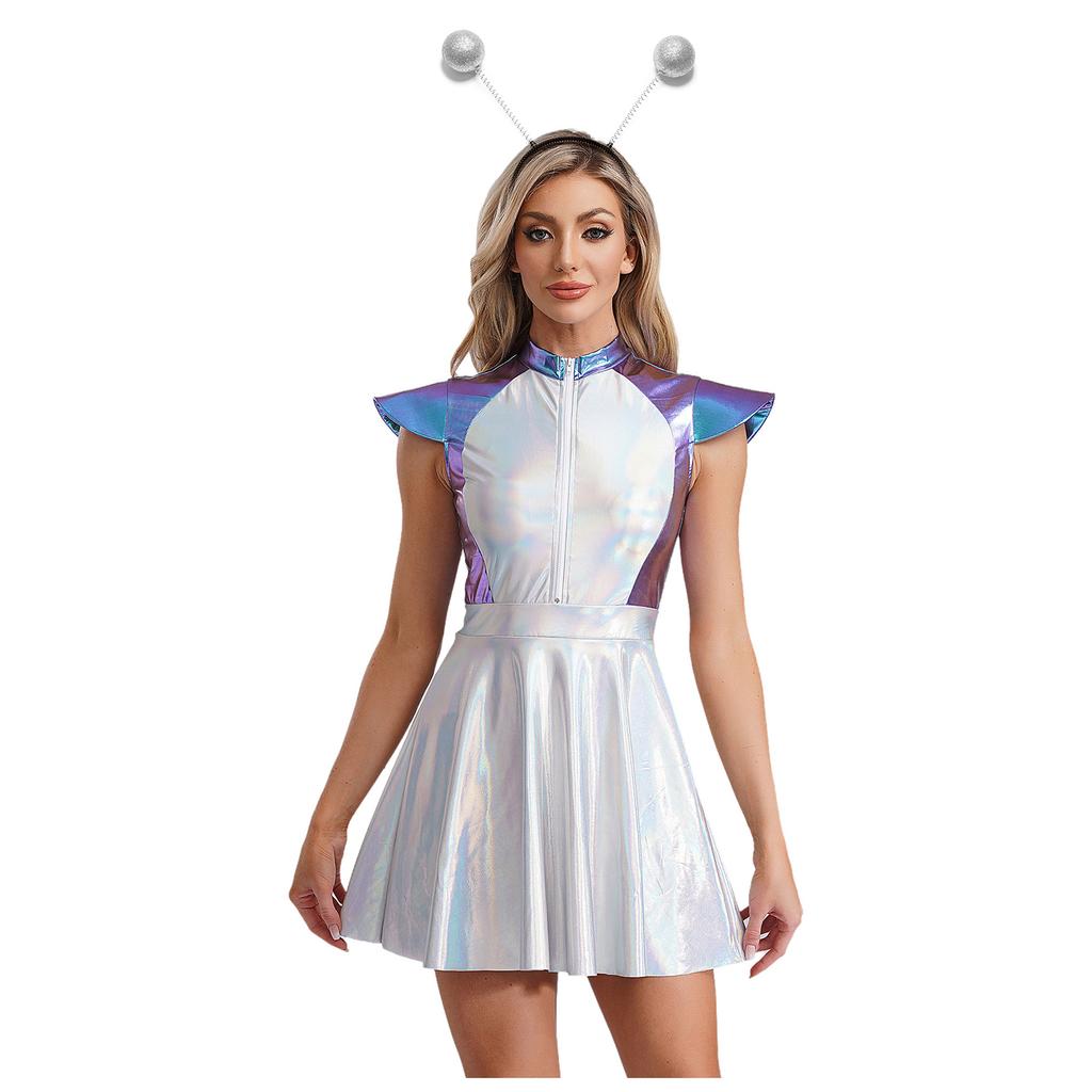 Womens Space Alien Costume Cap Sleeve Cutie Design Outer Space Theme Dress and Hair Hoop
