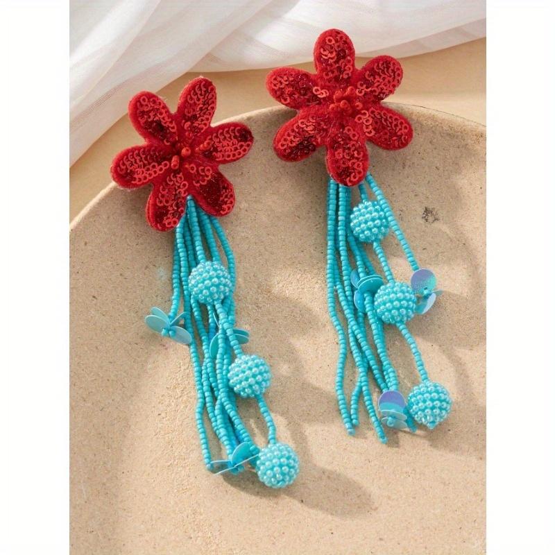1 пара новых весенне-летних модных серег в богемном стиле, ручной работы, с бисерными цветами и кисточками с пайетками для женщин