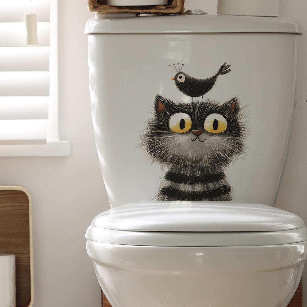 Cartoon Gray Cat and Bird Toilet Seat Sticker Bathroom Decor Playful Removable Waterproof Decal