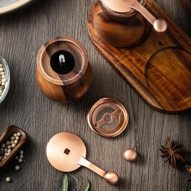 Hand Acacia Wood Pepper Grinder Set Vase Shape Black Pepper Grinder with Base Adjustable Ceramic Core Salt Shaker Grinding Tools