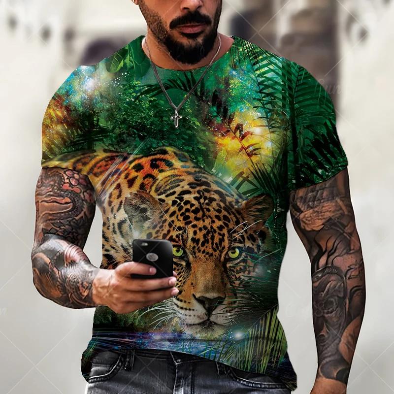 Футболки Streetwear Forest Leopard 3D Print для мужчин, летние Harajuku, свободные винтажные топы с круглым вырезом и коротким рукавом