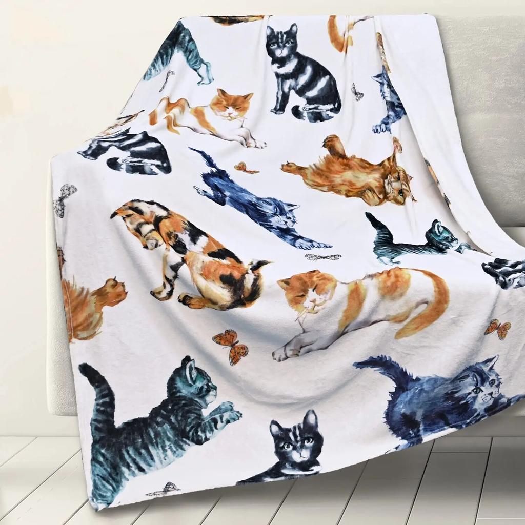 Cute Cat Kawaii Animal Design Flannel Throw Blanket Lightweight Warm Cozy Gifts for Kid and Adults Gift Suitable Couch Bed Chair