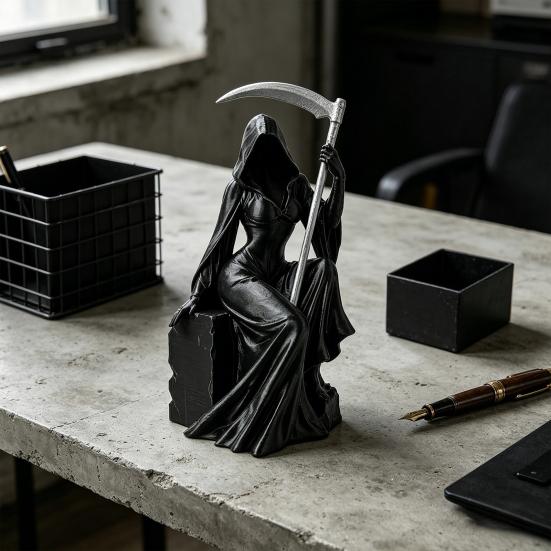 Grim Reaper Figurine with Scythe 3D Printed Mysterious Female Grim Reaper Statue Gothic Spooky Sculpture for Bookshelf Desk