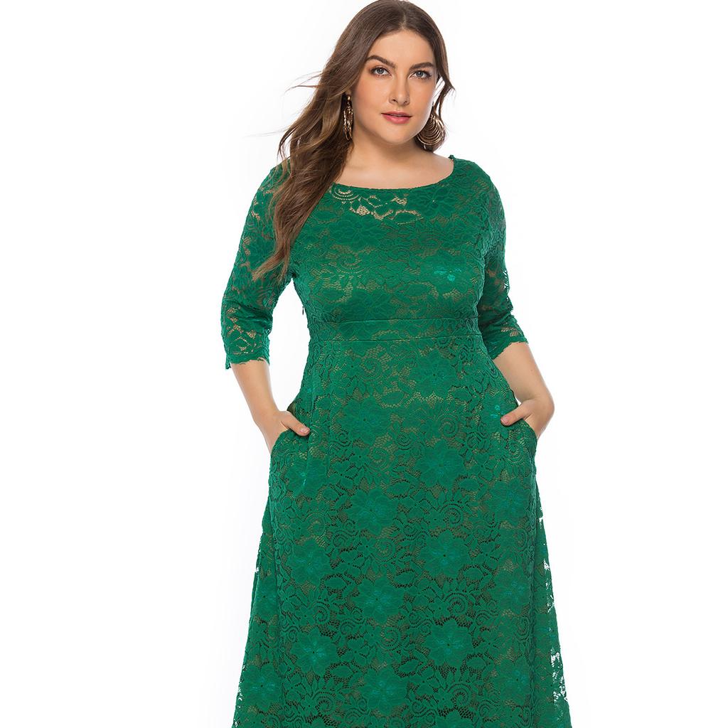 Плюс Размер Xl-6xl Весна Осень Полое Кружевное Платье Европейские Высококачественные Вечерние Женские Белые Черные Платья