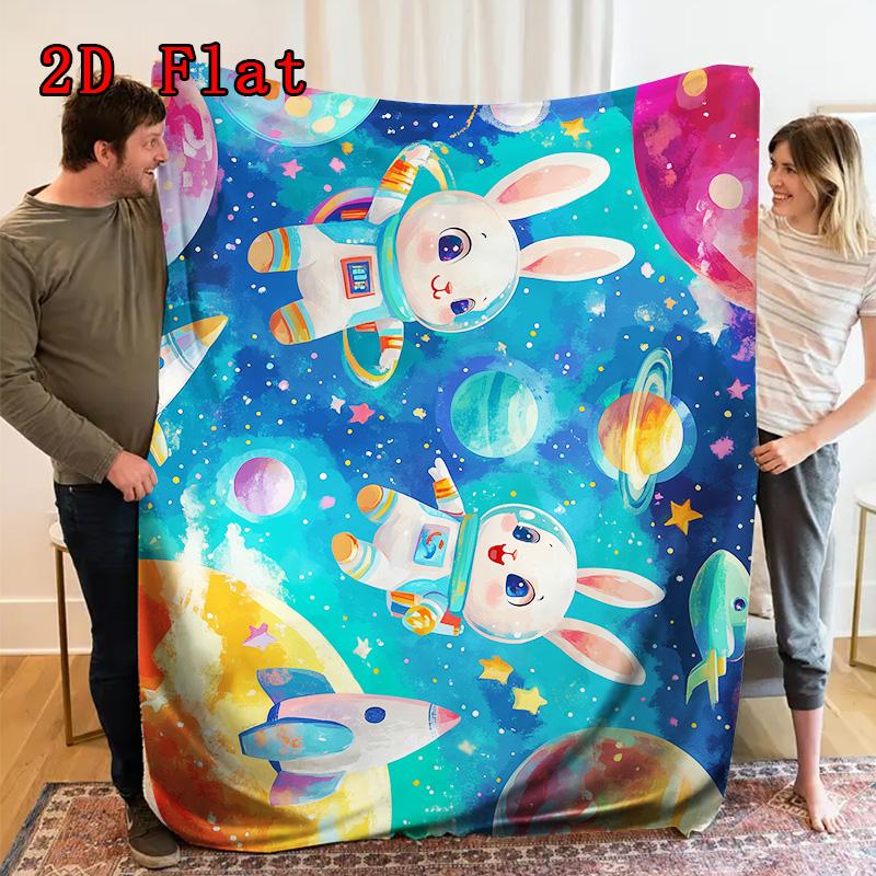 Colorful space rabbit 2D Flat Pattern Flannel Blanket High quality All Seasons Warmth and Comfort Perfect for Christmas Gifts.PMT0914259