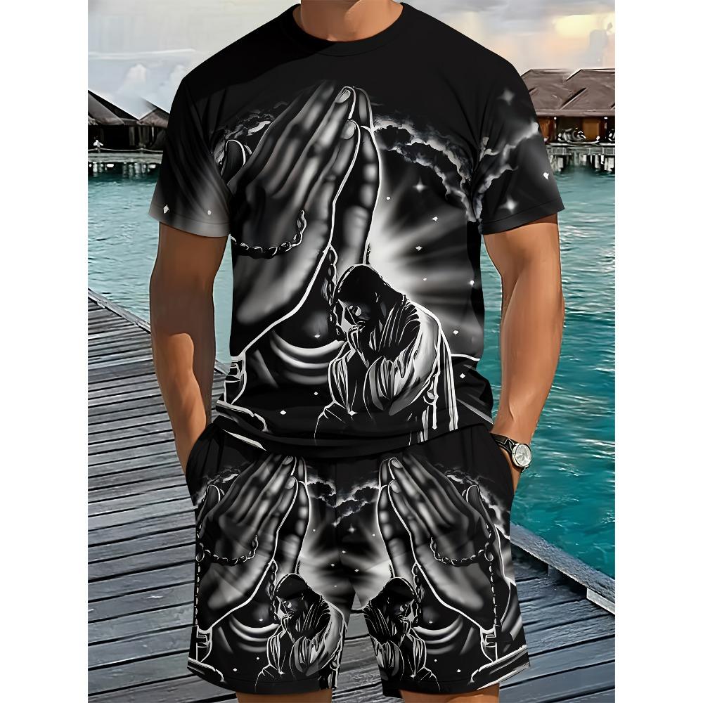Men's 3D Digital Printing Round-neck Short-sleeved Set - Dark Style Prayer Hand Print - European-American Religious Style Set
