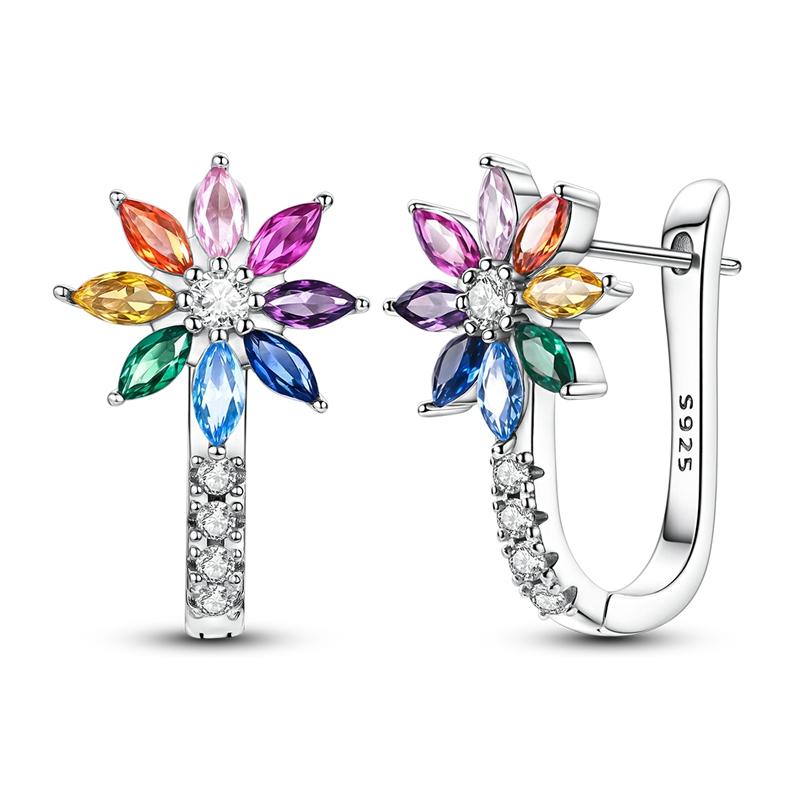 925 Silver Earrings Shining Zircon Cherry Rainbow Flower Mushroom Iris Flower Hoop Earring for Women Party Jewelry Gift