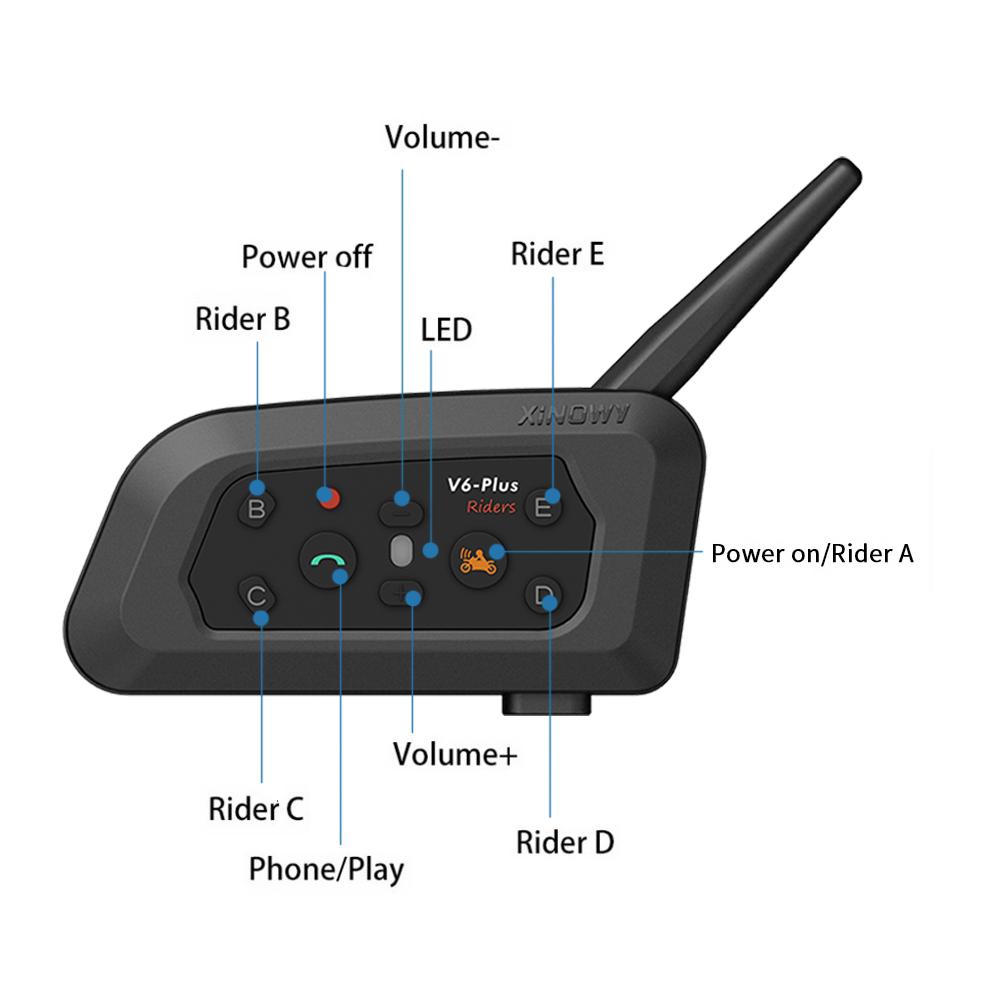 V6 Plus Гарнитура для мотоциклетного шлема Bluetooth5.0 Беспроводная внутренняя связь Рация Громкая связь Музыка 1500M Переговорный коммуникатор для 6 гонщиков с двойным микрофоном