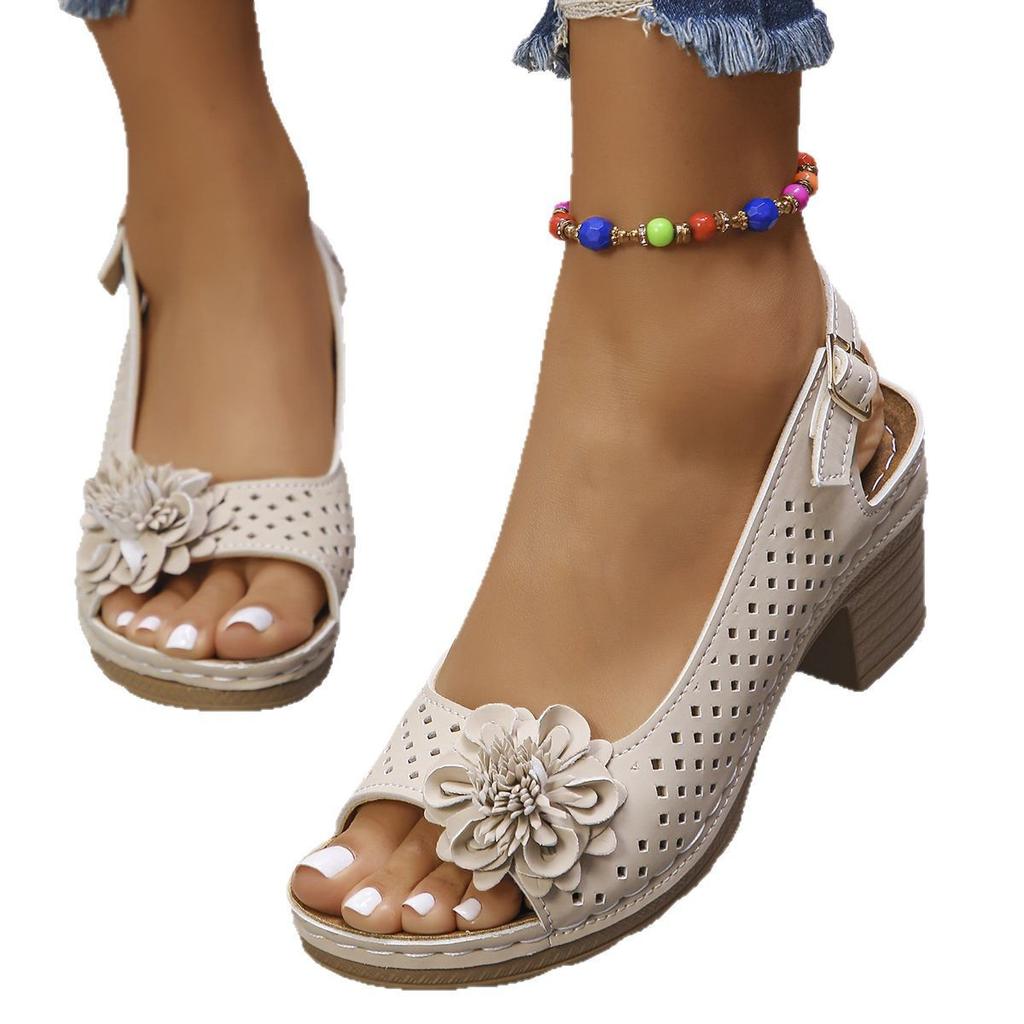 Hollowed-out Flower-shaped High Heels Fish-mouthed Sandals Women's Thick-heeled Shoes with Buttons At The Back and Flip-flops