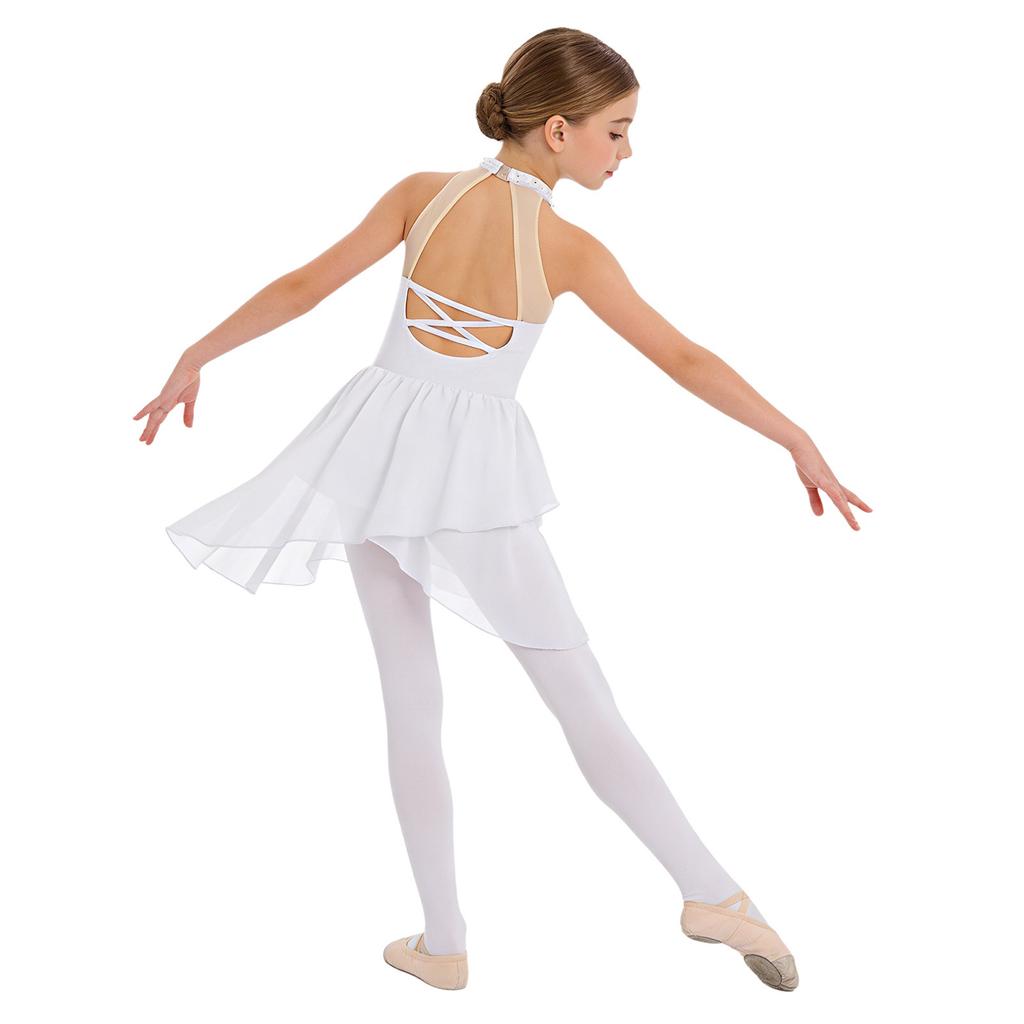 Девочки Блестящее Платье Пэчворк из Страз Без Рукавов Стойка Сетчатое Прозрачное С Открытой Спинкой Неровный Подол Лирический Костюм для Танцев