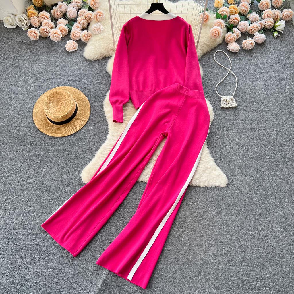 Высококачественный повседневный вязаный модный комплект знаменитостей для женщин, осенне-зимняя рубашка со свободными рукавами + драпированные брюки с высокой талией из двух предметов