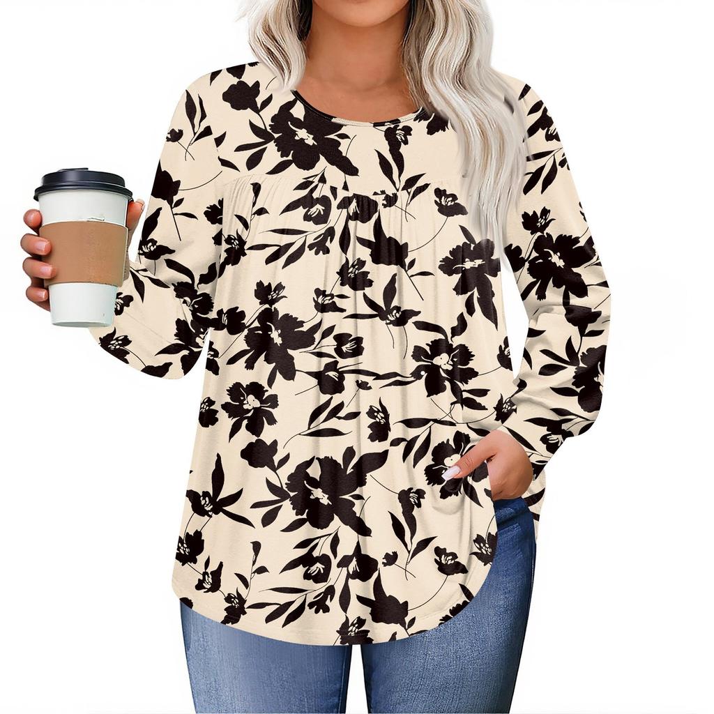 Womens Plus Size Tops Long Sleeve Shirts Round Neck Flowy Tunic Casual Loose Blouse L-5X