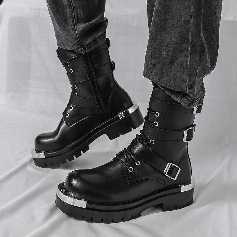 Designer New Men's Black Rock Punk Hip-hop Belt Buckle Ankle Boots Botas Britain Fashion Luxury Motorcycle Shoes Zapatos Hombre