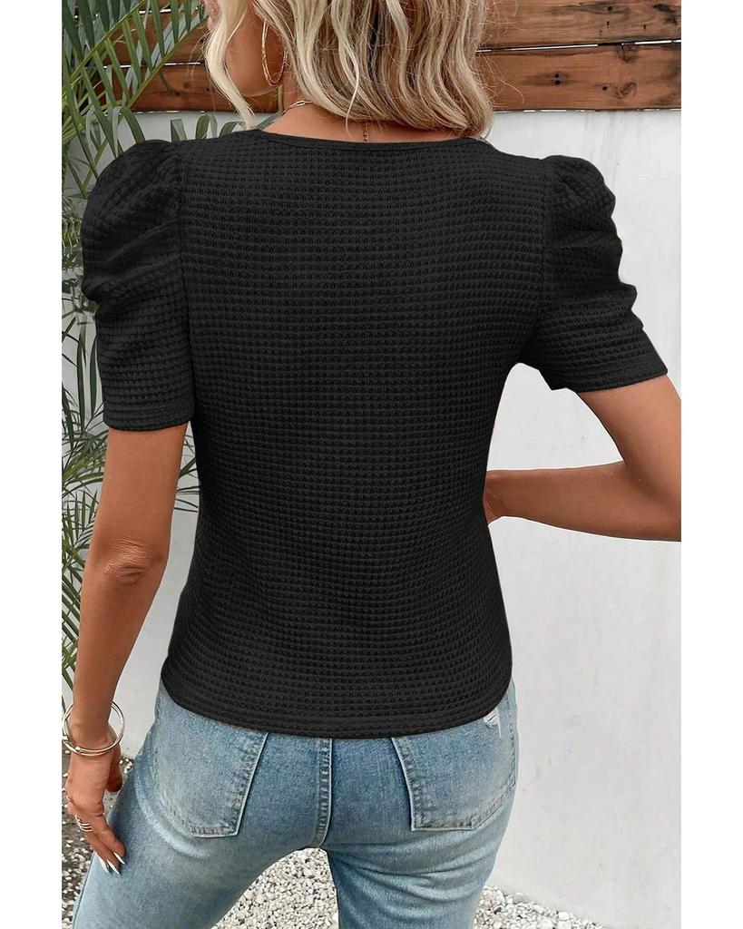 Azura Exchange Black Waffle Knit Ruched Puff Sleeve Top