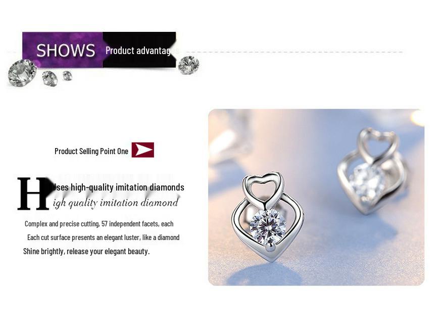 Серьги-пусеты из стерлингового серебра S925 в корейском стиле в форме сердца с цирконом для женщин