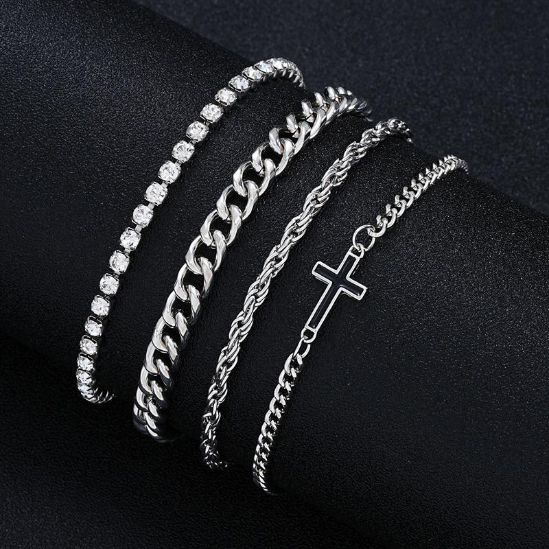 Punk Hip Hop Cross Multi Layer Bracelet for Men Women Minimalist Square Crystal Zircon Beaded Cuban Chain Party Jewelry Gift