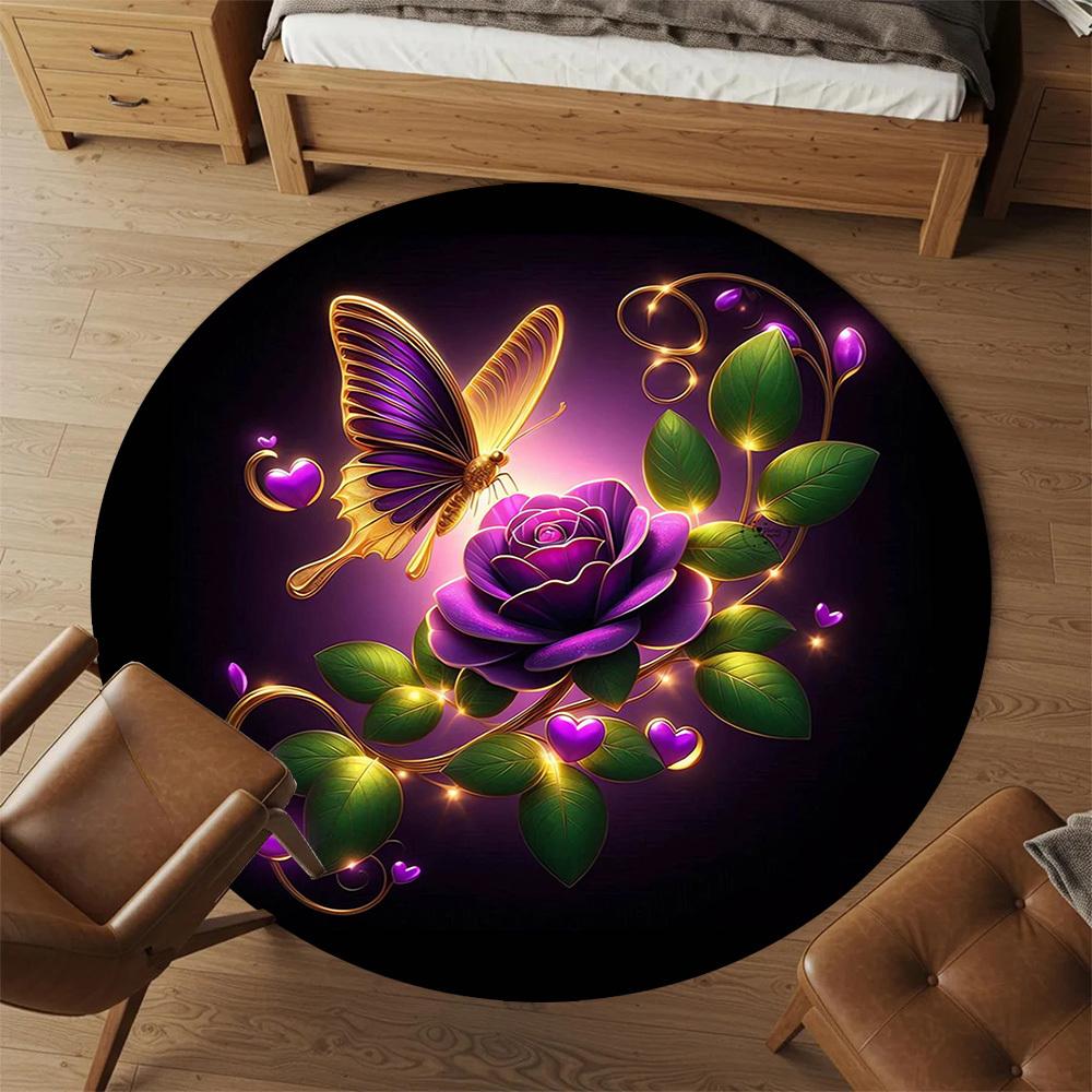 1pc Butterfly Rose Round Chair mat Area Rug - Non-Slip, Floor Mat for Office, Bedroom, and Indoor Decor -1002227