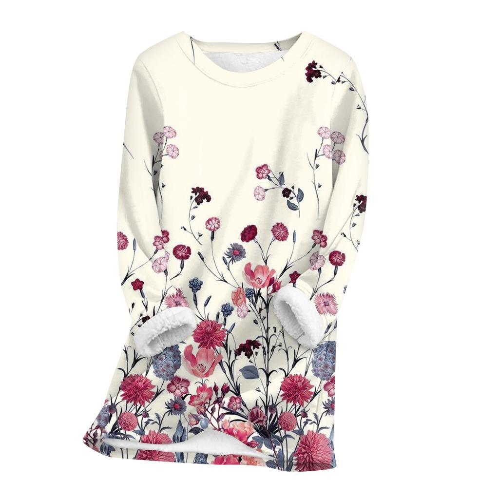 Женский топ с круглым вырезом и принтом из утолщенного плюша и кашемира, теплый длинный топ