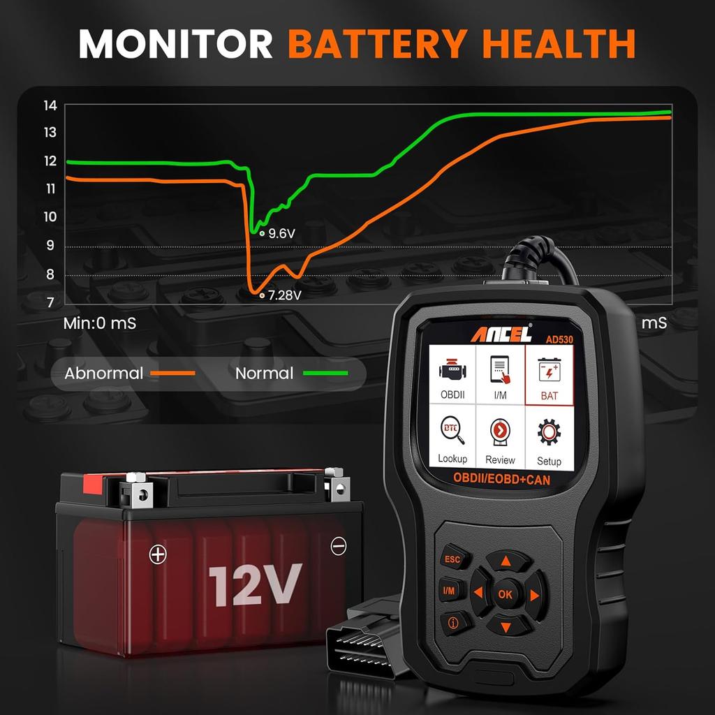 ANCEL AD530 OBD2 Scanner Diagnostic Tool, Universal Check Engine Code Reader With Live Data, Car Diagnostic Tool With Upgraded Battery Tester & All