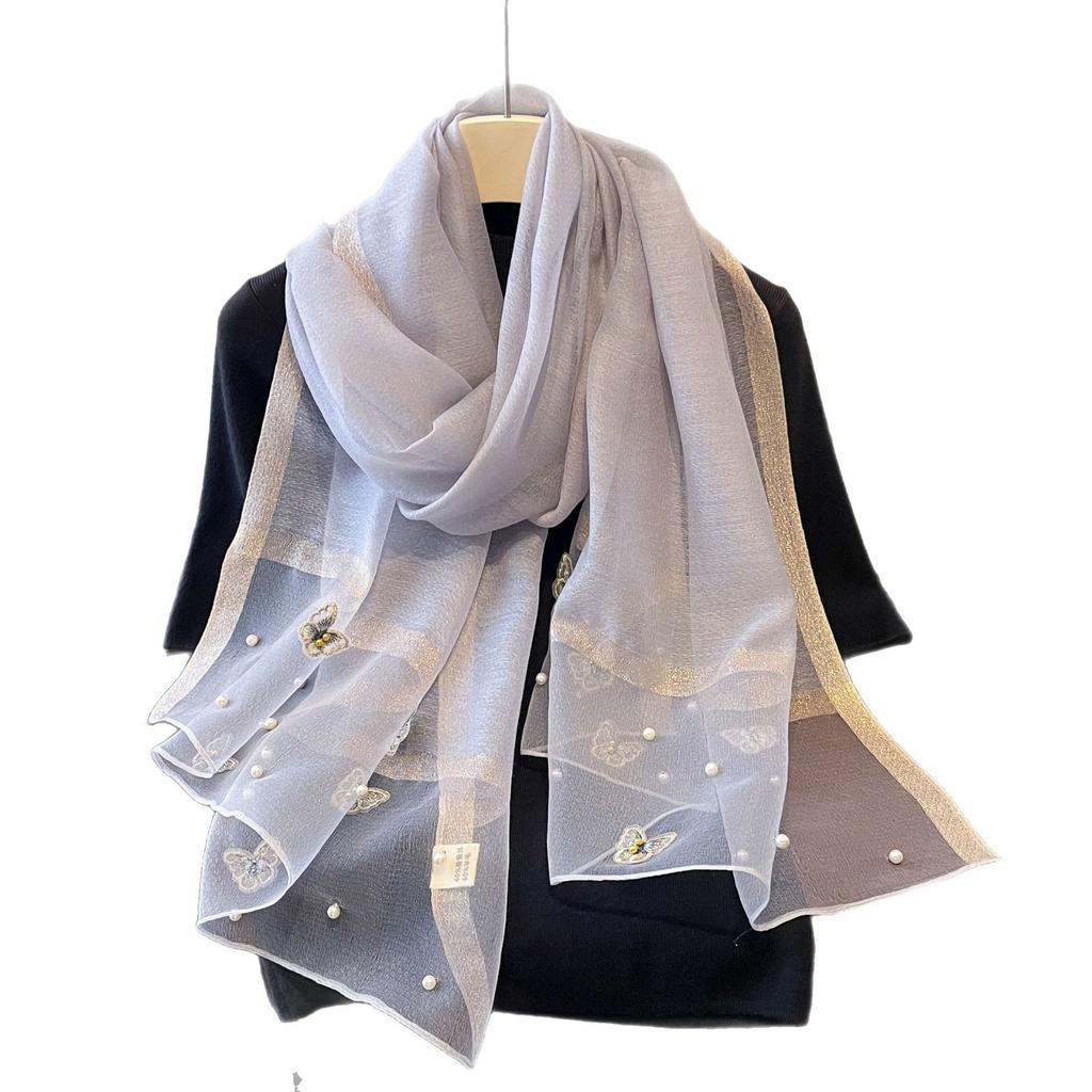 New Versatile Shawl Imitation Silk Thin Silk Scarf for Women Spring and Summer Butterfly Pearl Light Luxury Fashionable Warm Neck Protection Shawl