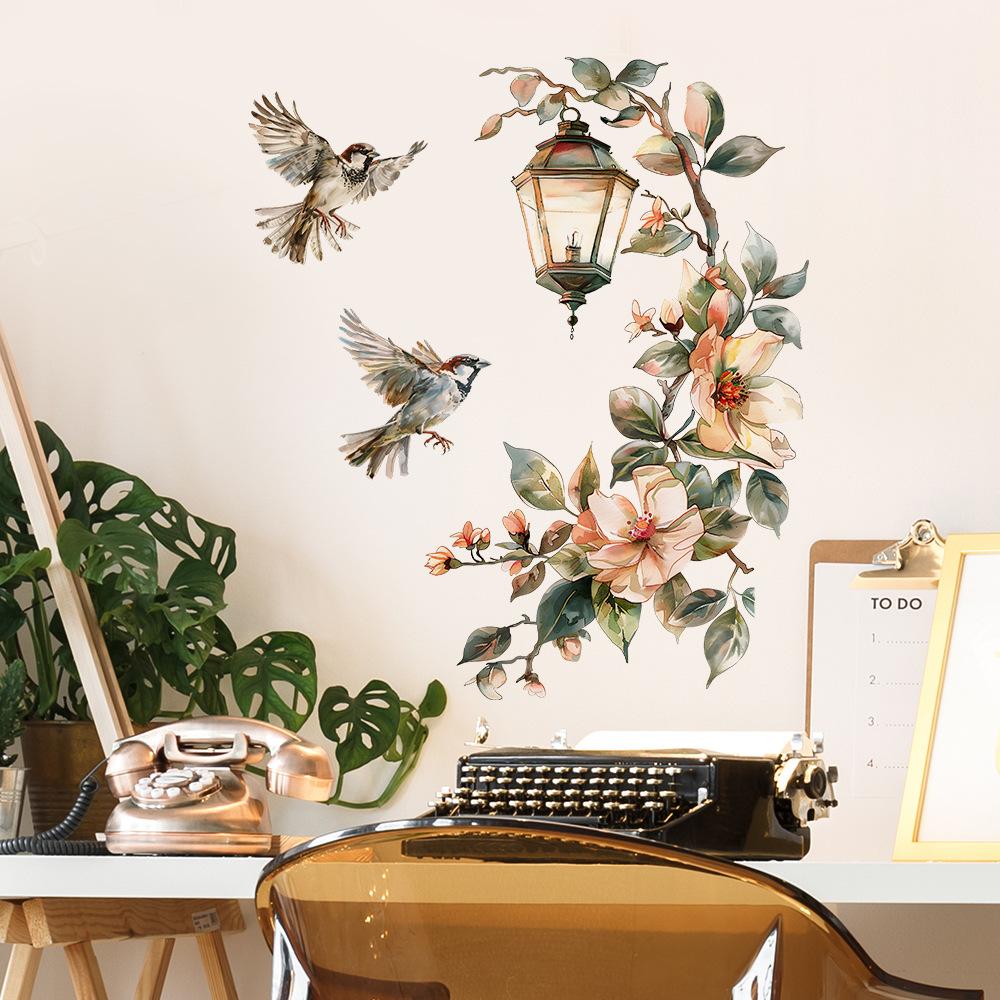 Colorful Flower Pendant Lamp Bird Wall Sticker For Bedroom Living Room Entrance Home Background Decoration Self-adhesive 29*22CM