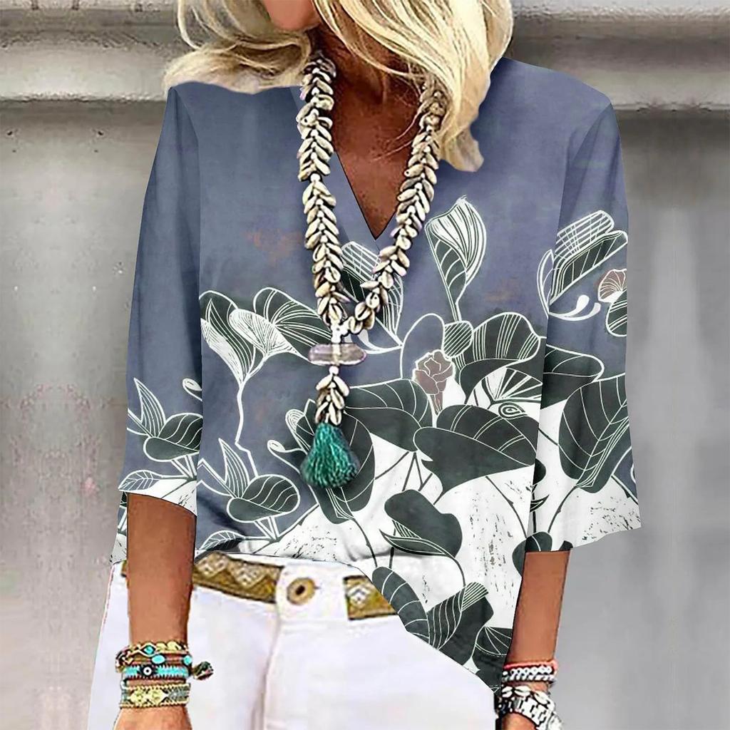 Women's Shirt Blouse Casual Loose Shirts 3/4 Sleeve Print V Neck Tops Print Tops T-shirts Tee