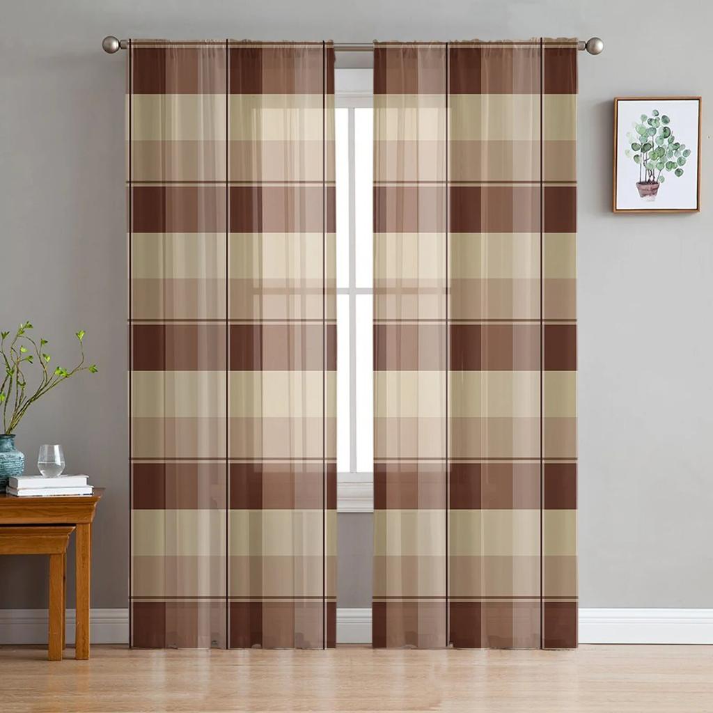 Black Grey Plaid Tulle Curtains For Living Room Bedroom Modern Chiffon Sheer Kitchen Curtains