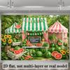 2D Planar Rural Scenery Theme Background Fabric, Design Incorporating Pink Striped Sunshade Canopy and Wooden Stalls