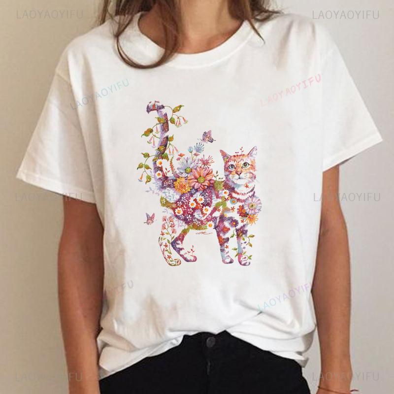 Cat Plant Lovely 90s Vintage Fashion Clothing Printed T-shirt Summer Lady Short Sleeve Harajuku Cartoon Graphic Elegant T Shirt Unisex
