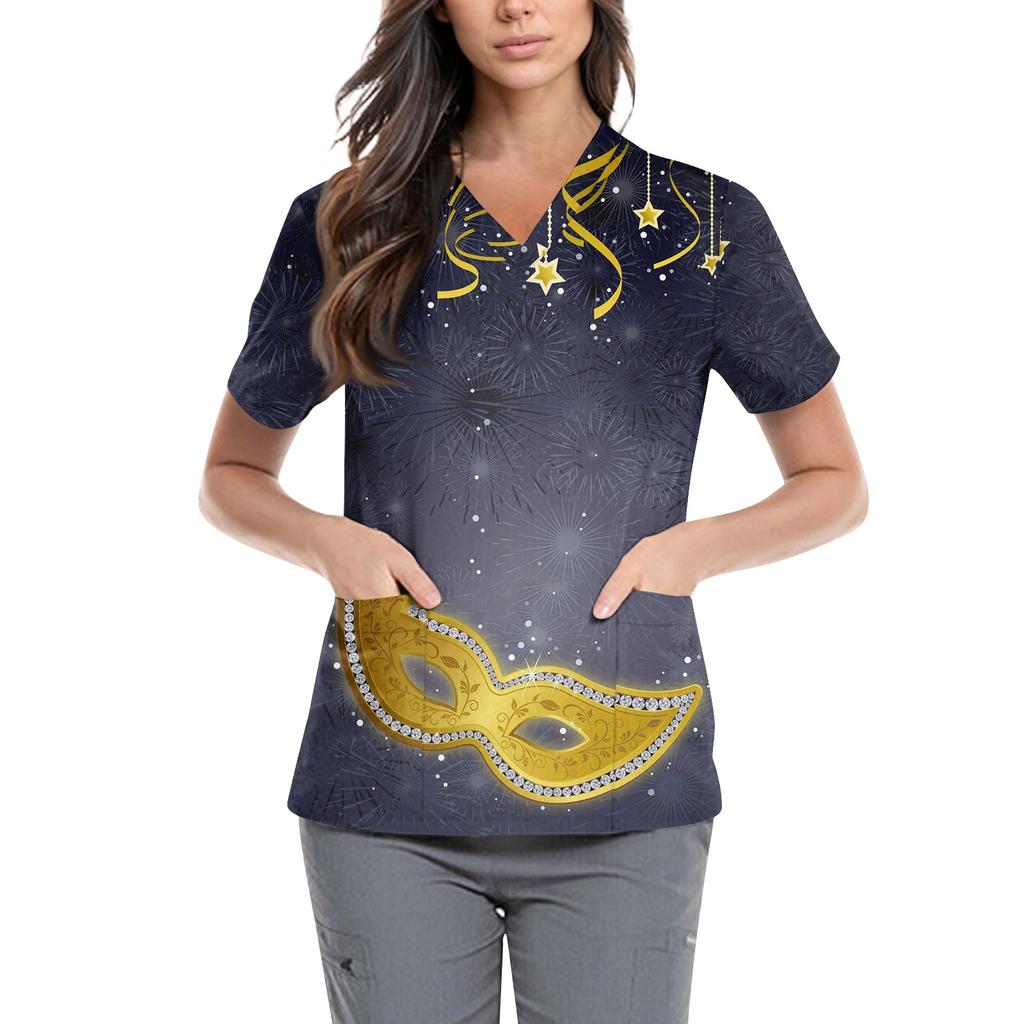 Women's Carnival Themed Outfit Party Mask Pattern Caregiver Top
