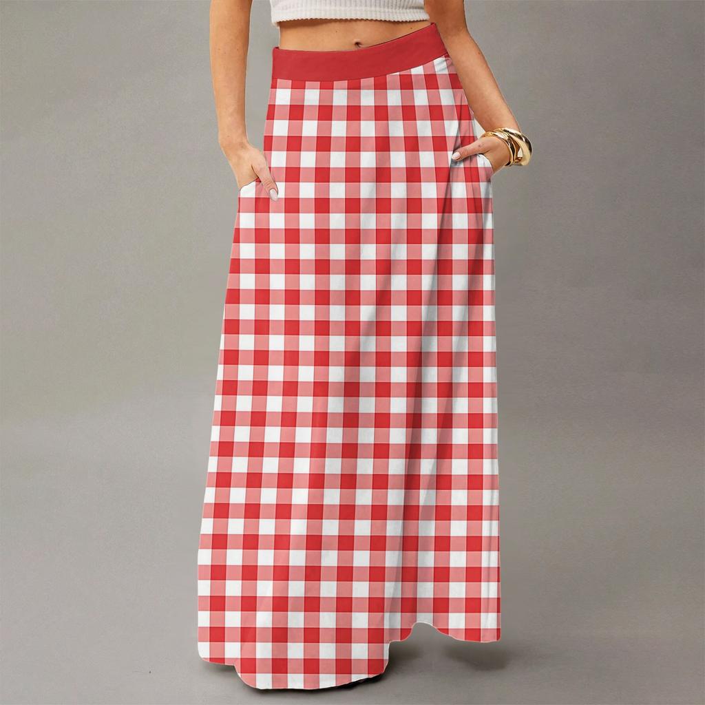 Женская повседневная складная юбка макси с высокой талией, драпированная, свободного кроя, с карманом, в полоску, в клетку