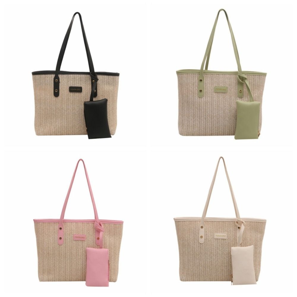 PU Weave Tote Bag Solid Color Beach Straw Handbag Simple Straw Shoulder Bag Women